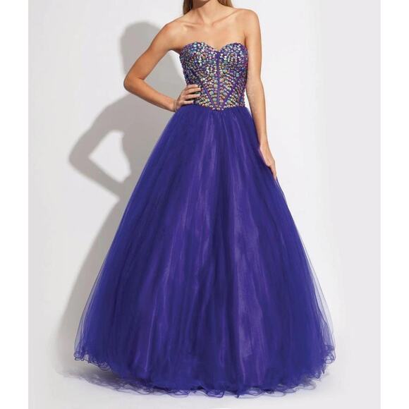 Jovani 90131 Purple Tulle Gem Embellished Corset Strapless Ball Gown Prom Dress - Picture 1 of 13
